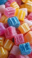Colorful gummy candies arranged in a vibrant display on a surface, enticing sweet lovers and snack enthusiasts photo