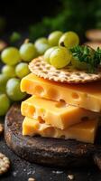 Delicious cheese platter with crackers and fresh grapes ready for a summer picnic photo