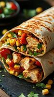 Delicious chicken and corn burrito served on a dark stone plate with fresh ingredients in the background photo