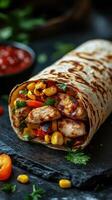 Delicious grilled chicken burrito wrapped with fresh vegetables and spices served on a stone platter photo