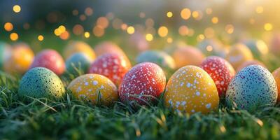 Colorful Easter eggs scattered on grass with soft glows in the background during a spring afternoon photo