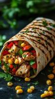 Grilled chicken wrap filled with colorful vegetables and spices, showcasing vibrant ingredients and fresh herbs photo