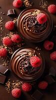Indulgent chocolate desserts topped with fresh raspberries on a textured surface photo