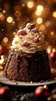 Exquisite chocolate cake decorated with cream and raspberries during a festive celebration with sparkling lights photo