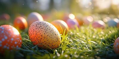 Colorful decorated eggs scattered in a grassy field during a sunny spring day photo