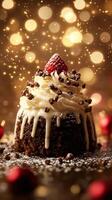 Delicious dessert topped with raspberry and chocolate chips in a festive setting with warm lights photo