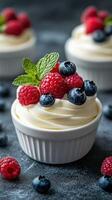 Delicious dessert bowls topped with fresh raspberries and blueberries on a dark background photo