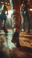 Country dance night with cowboy boots and lively atmosphere at a rustic venue photo