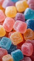 Colorful gummy candies arranged in a vibrant display showcasing various flavors and textures in a close-up view photo