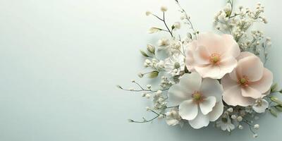 Delicate rose and white flowers arranged aesthetically on a soft background for a serene display photo