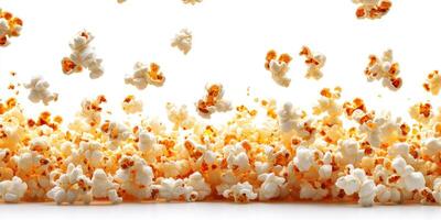 Popcorn kernels burst into the air creating a playful and energetic display against a bright background photo
