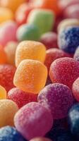Colorful candy assortment showcasing vibrant gummy sweets in a bright setting photo