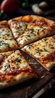 Freshly baked cheese pizza with herbs served on a wooden table for a delicious meal photo