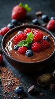 Rich chocolate mousse topped with fresh raspberries and blueberries in a dark setting photo