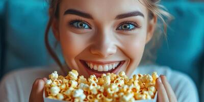 Young woman smiles broadly while holding a large bowl of popcorn indoors during a cozy movie night at home photo