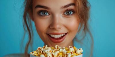 Bright smile of a young woman holding popcorn against a blue background while enjoying a fun moment photo