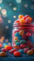 Colorful assortment of jelly candies in a jar with vibrant bokeh background photo