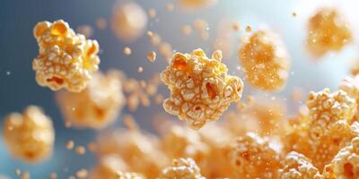 Floating popcorn kernels illuminated by soft light create a whimsical atmosphere in a cinematic environment during a movie night photo