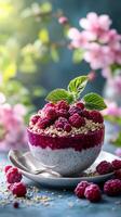 Delicious raspberry and quinoa dessert served in a bowl with fresh mint leaves on a blue backdrop photo