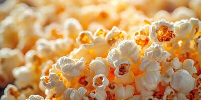 Popcorn bursts with warmth and flavor in a close-up view showcasing its fluffy texture in natural light photo