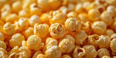 Freshly popped popcorn scattered on a wooden table in a cozy living room during movie night photo