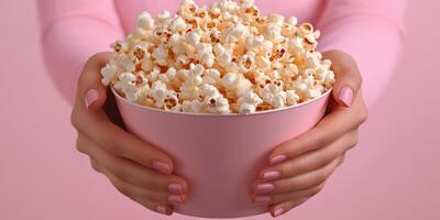 Large bowl of popcorn held by hands with pink background during a cozy movie night at home photo