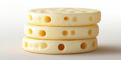 Three stacks of cheese wheels displayed against a plain background, showcasing their unique texture and holes photo