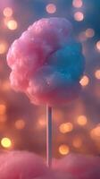 Brightly colored fluffy cotton candy stands against a dreamy bokeh background in a carnival setting during evening hours photo