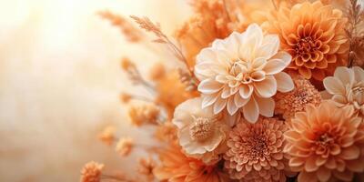 Dahlia bouquet in warm tones arranged with soft grasses for a serene atmosphere photo