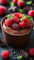 Delicious chocolate mousse topped with fresh raspberries and mint leaves in a cozy dessert setting photo