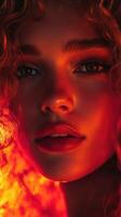Bright orange lighting creates a captivating portrait of a woman with curly hair and striking features photo