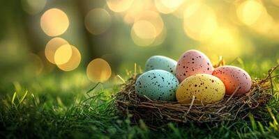 Colorful Easter eggs nestled in a natural nest under soft sunlight in springtime photo