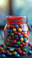 Colorful candy jar filled with blue, red, green, and yellow treats sitting on a wooden table in soft evening light photo