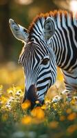 Zebra grazing in a field of flowers during golden hour in a natural habitat photo