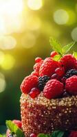 Freshly picked berries atop a gourmet dessert in a vibrant outdoor setting during golden hour photo