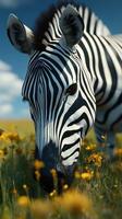 Close-up view of a zebra grazing among vibrant yellow flowers in an open field on a sunny day photo