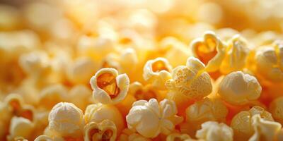 Freshly popped popcorn fills a bowl, showcasing a warm and inviting texture that enhances any movie night experience at home photo