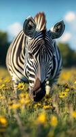 Zebra grazing in a vibrant field of yellow flowers under a clear blue sky during a sunny day photo