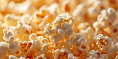 Close-up view of freshly popped popcorn showcasing its fluffy texture and buttery color photo