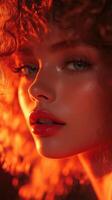 Close-up of a young woman with curly hair illuminated by warm orange light during an artistic portrait session photo