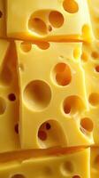 Close up of bright yellow cheese slices featuring distinct holes, ideal for culinary presentations and cheese platters photo