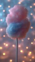 Colorful cotton candy on a stick with blurred fairy lights in the background during a festive celebration photo