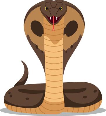 Detailed illustration of a brown cobra with hood expanded in a minimal flat design style showcasing its fierce expression, striking pose, and vibrant colors in art