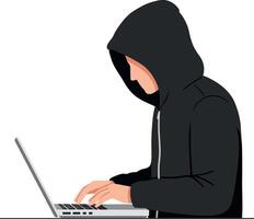 Hooded figure typing on a laptop in a minimalist design style, creating an atmosphere of mystery and focus, illustration vector