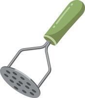 A detailed illustration of a kitchen potato masher with a green handle and metallic head, showcasing minimalistic design in art vector