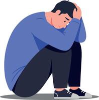 A man sitting on the ground with his head in his hands, expressing sadness in a minimal and flat design illustration vector