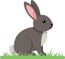Grey rabbit sitting on green grass in a minimalistic and cheerful design style art vector