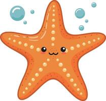 Cute orange starfish with smiling face surrounded by bubbles in a cheerful underwater scene, illustrated in a playful, flat art style vector