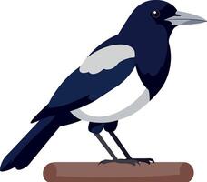 A detailed illustration of a stylized magpie perched on a wooden branch in flat art style showcasing vibrant colors and defined shapes in a serene setting vector