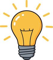 Bright yellow light bulb with shining rays in a flat style, representing ideas and creativity in vibrant illustration vector